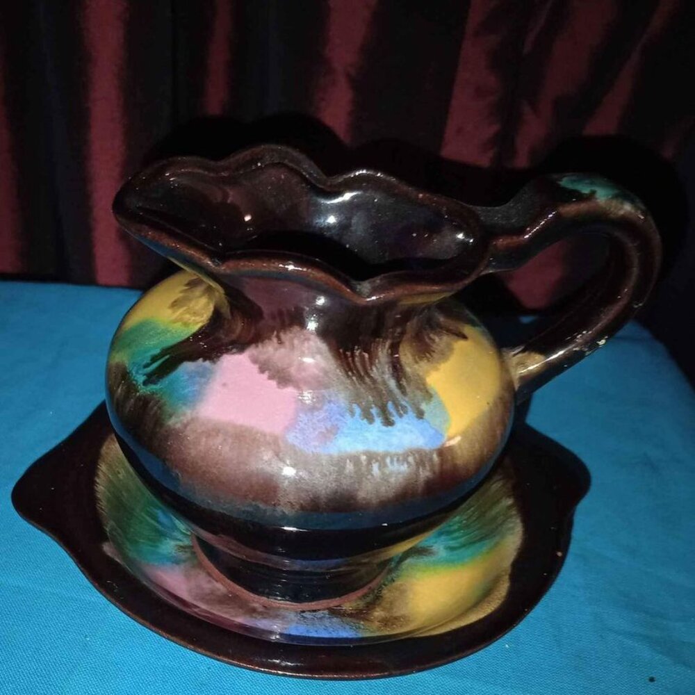Vintage Tilso Japan Hand Painted Multi Color Drip Glaze Pottery Pitcher & Bowl